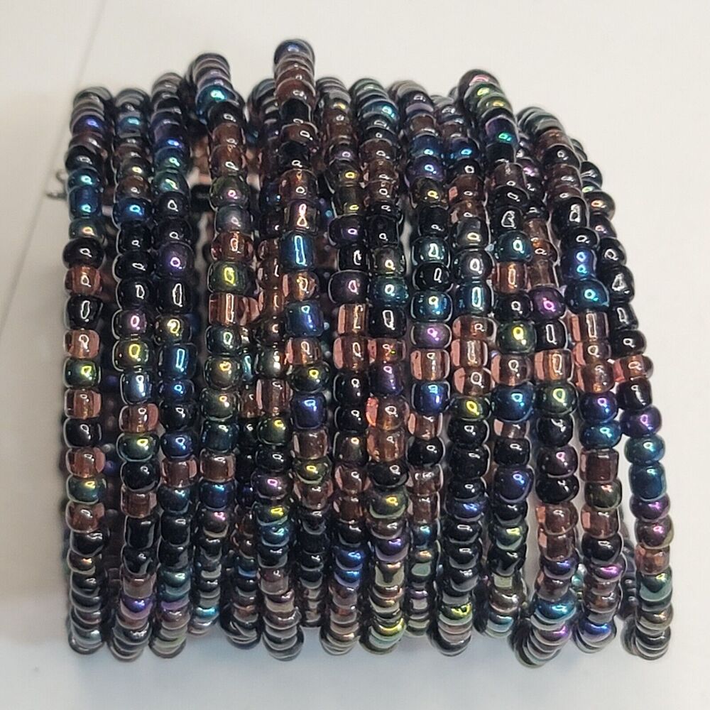 3 Inch Black Iridescent Seed Bead Cuff Bracelet